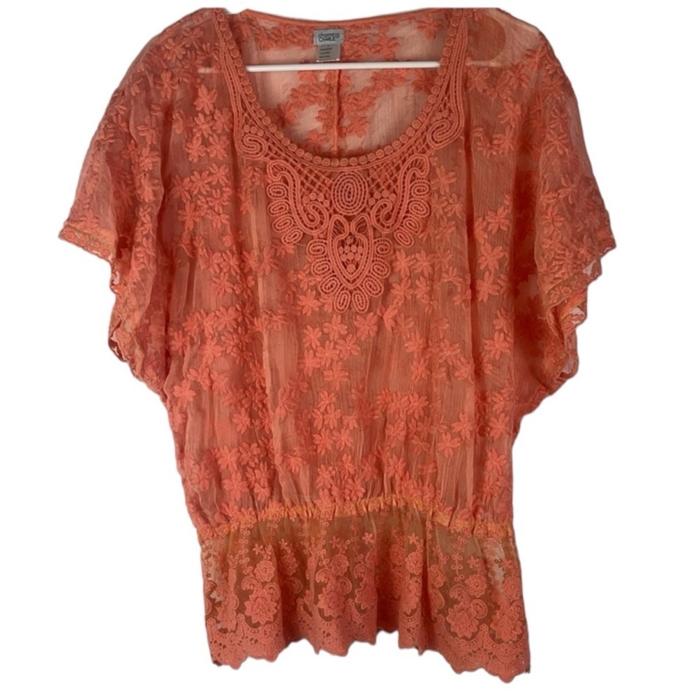 Charming Charlie gauzy lacy batwing peplum sheer top Sz L in orange
